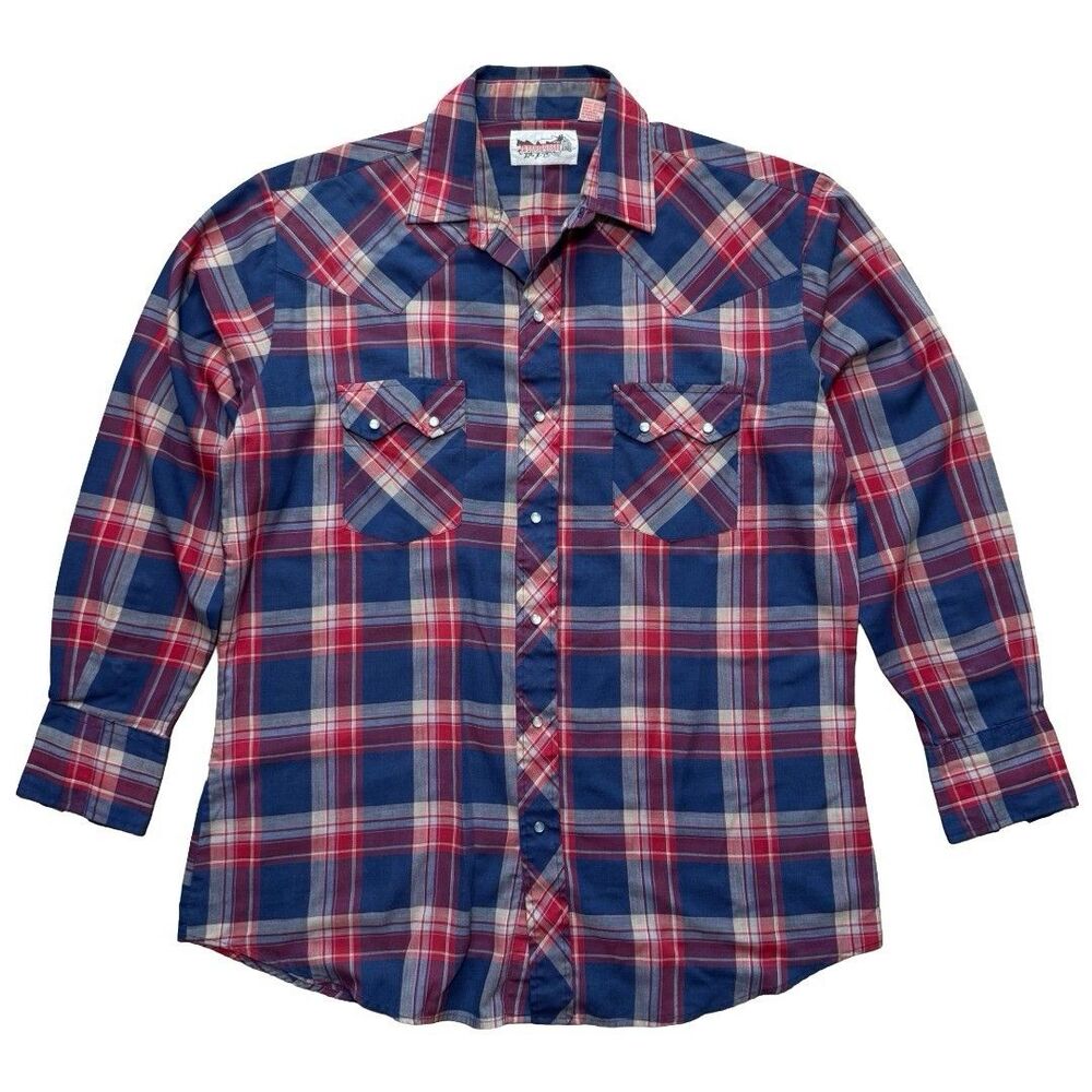 Vintage Stagecoach Western Wear Pearl Snap Plaid Shirt Red Blue Men’s Size L